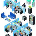 Isolated_isometric_cubicle_office_workplaces_set_with_desktop_tables_shelves_and_workers_images_on_blank_background_vector_illustration