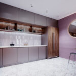 Contemporary_kitchen_with_purple_walls_and_brown_and_gray_furniture,_kitchen_apron_made_of_curly_tiles._3D_rendering.